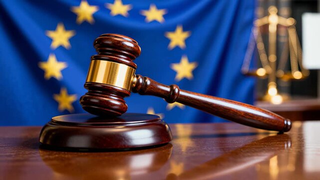 Close up of judge gavel on desk with European union flag in background representing EU law and justice.