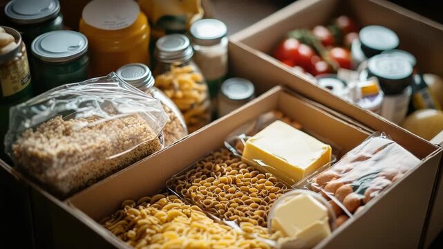 Cardboard boxes full of non perishable food items like pasta, grains, canned goods, and butter, prepared by volunteers for a food bank, symbolizing charity and support