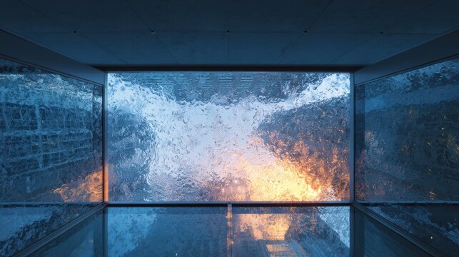 Rain streaks on glass ceiling reflect dry sunlight in interior atrium