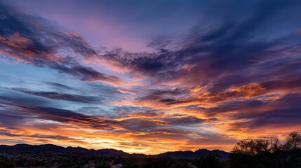 Fototapeta premium Dramatic interplay of deep purple and fiery orange colors saturates the vast sky above a silhouetted desert horizon.