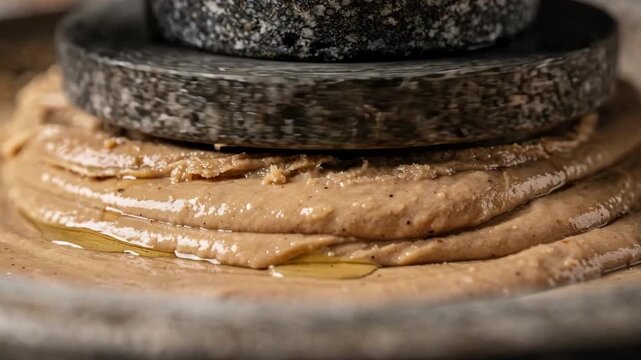 Closeup medium shot capturing smooth nut paste formation with fine grinding stones spinning rapidly.