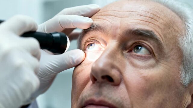 Close up of senior man having eye examination with flashlight, ophthalmology checkup in clinic.