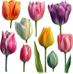 Fototapeta premium A vibrant collection of colorful tulips in full bloom against a neutral background isolated on transparent background