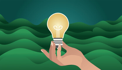 Stylized Hand Holding Glowing Light Bulb over Abstract Green Hills for Innovation and Idea Concept