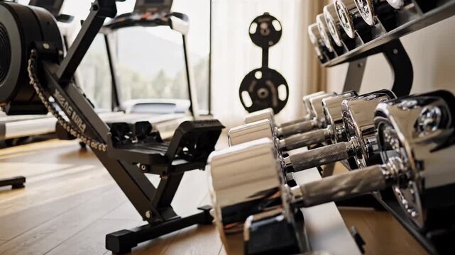 Rows of chrome dumbbells and exercise machines in a modern gym with bright studio lighting, fitness and strength training.