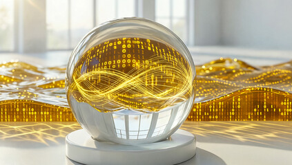 Glowing sphere containing digital world and binary code represents artificial intelligence and future technology