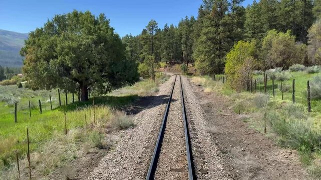 Scenic view of the railway track from the back of a train on the Durango and Silverton narrow gauge railway