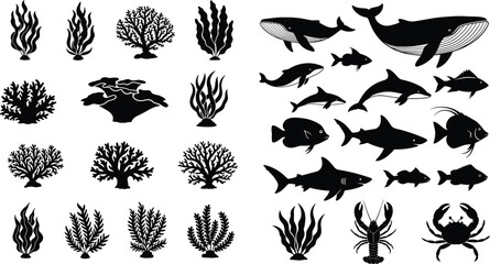 Marine life silhouettes, ocean animals and plants, underwater vector set, fish, whale, coral, seaweed, crab, shark, lobster, black clipart
