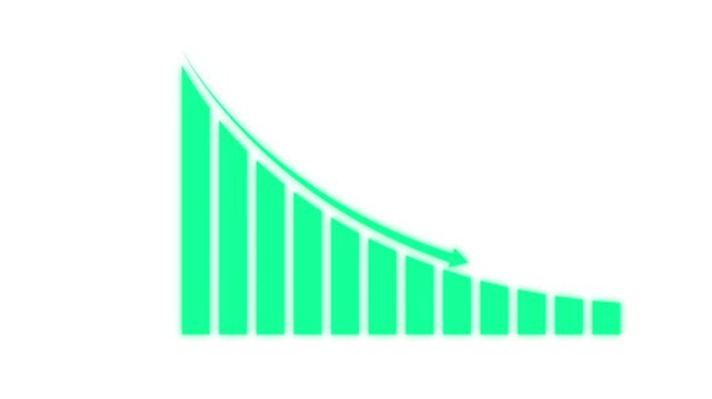Neon Green Bar Chart Decreasing Over White Background . Abstract decreasing business graph chart animation background.