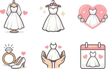 Vector icons of wedding dress set.
