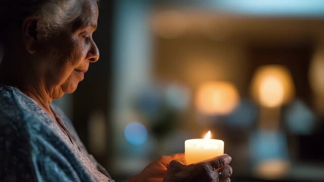 Palliative nurse softly lighting a candle as part of spiritual vigil care capturing a moment of tranquility with a gently blurred room in the background.