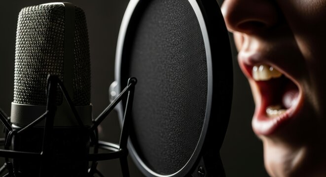 Man screaming into a microphone studio.