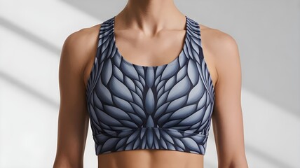 Women&rsquo;s patterned sports bra worn by athletic female torso, modern activewear fitness apparel, studio lighting