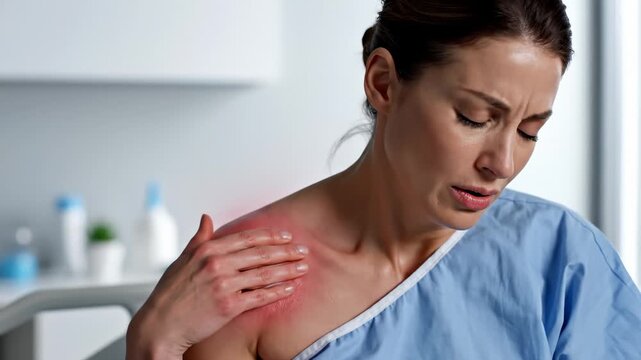 Woman Experiencing Severe Shoulder Pain With Visible Inflammation and Swelling in Clinic