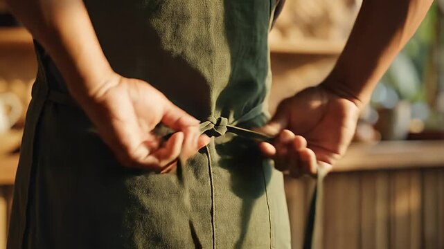 Person Tying Apron String in Kitchen Setting.
