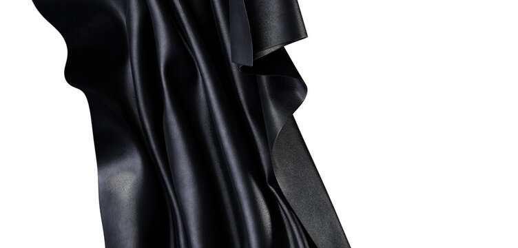 Close-up of a luxurious black fabric with soft folds. Ideal for design, fashion, and texture backgrounds. Isolated on wh
