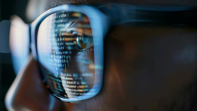close up of a eyeglasses of programer or hacker to analysis data and coding Ai photo
