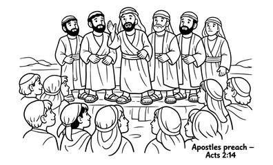 Obraz premium Biblical apostles preaching to a crowd in ancient times, line art illustration