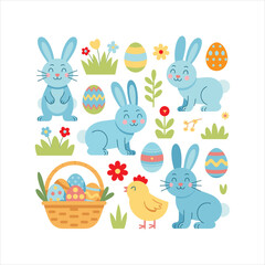 Obraz premium Cute Easter Bunny and Egg Illustration Set with Chick and Basket