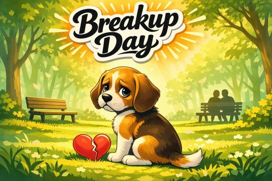 Sad puppy with broken heart in park for breakup day