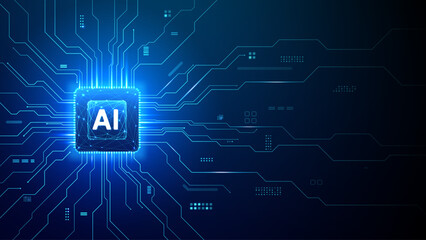Obraz premium AI semiconductor on blue circuit board with glowing pathways and digital lines. Technology background representing innovation, data flow and artificial intelligence systems.