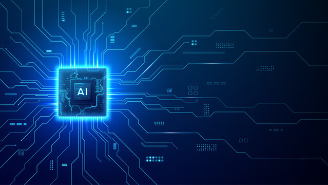 Abstract processor with light blue neon connections on tech background. AI semiconductor concept with digital circuit lines and innovation theme for presentations.