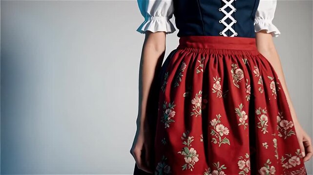 A model showcasing a traditional dress with floral patterns, featuring a fitted bodice and puffed sleeves against a soft background