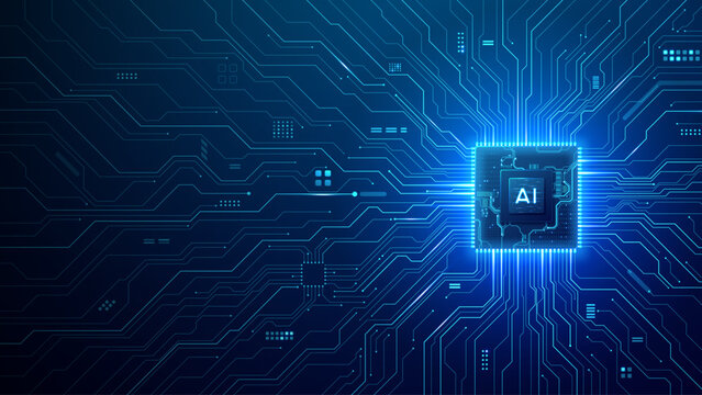 Artificial intelligence icon on microprocessor circuit board. Futuristic digital technology illustration with glowing pathways, electronic components, and text area. Digital blue technology background