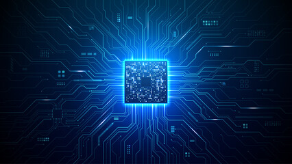 Obraz na płótnie Canvas Futuristic processor with spreading electronic connections forming motherboard pattern, quantum computing visualization with glowing data pathways and abstract tech elements. Digital blue background