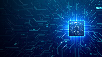 Obraz na płótnie Canvas Advanced circuit board with semiconductor chip creating futuristic microchip design. Glowing pathways extend from central processor, forming intricate digital patterns against white backdrop.