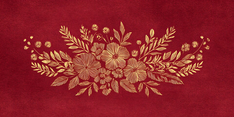 Elegant Gold Floral Ornament on Red Textured Background