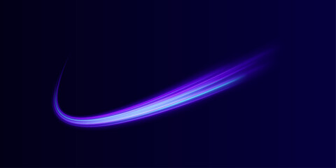 Curved glowing light trails ripple across a dark cyberpunk scene. Sparks flash along dynamic curves. Abstract motion lines convey energy and speed.  © dedstock