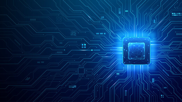 AI-powered chip architecture showcasing semiconductor technology with luminous circuit connections. Futuristic microchip layout features flowing pathways from processor core on clean background. 