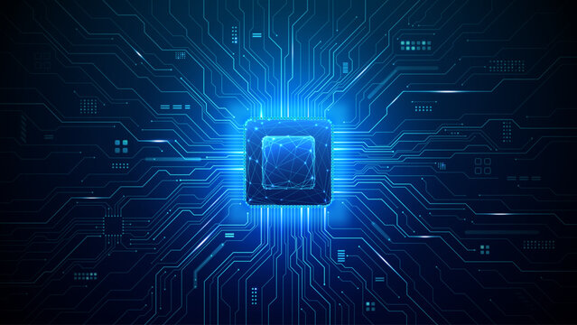 Advanced semiconductor chip with radiating circuit pathways creating detailed microchip network, digital technology concept with blue light accents on clean background. Digital technology background.