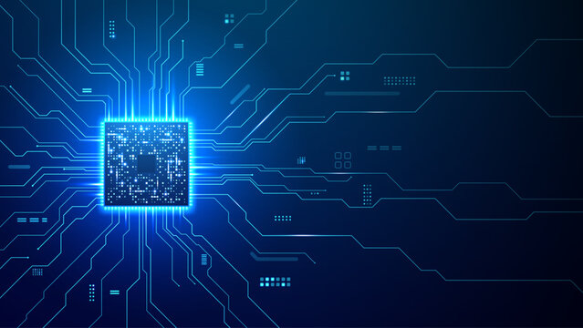 Blue motherboard with luminous AI processor and thin circuit lines. Digital technology illustration with innovation and data processing concept.