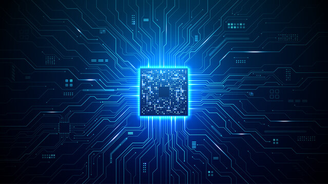 Futuristic processor with spreading electronic connections forming motherboard pattern, quantum computing visualization with glowing data pathways and abstract tech elements. Digital blue background