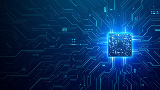 Advanced circuit board with semiconductor chip creating futuristic microchip design. Glowing pathways extend from central processor, forming intricate digital patterns against white backdrop.