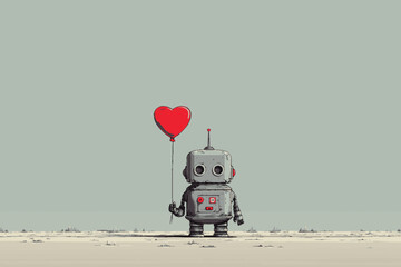 Illustration of a robot holding a flying heart balloon. There vector illustration, which you can use for Valentine's Day.