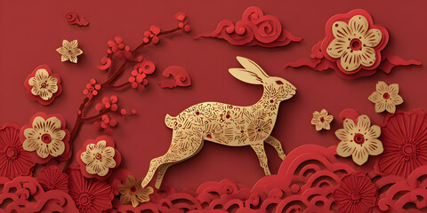 Golden Zodiac Ox with Red Blossoms Chinese Paper Cut Style