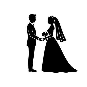 A black silhouette of a bride and groom holding hands. Perfect for wedding invitations, cards, and romantic event decorations.
