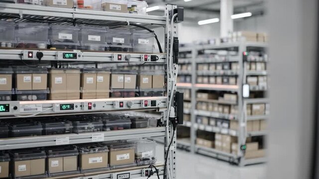 Medium shot of smart sensorized storage racks fully stocked displaying embedded temperature and weight sensors actively monitoring conditions for optimal inventory management.