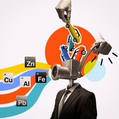 Surreal collage showing recycling and circular economy concept with cars, grinder and human figure.