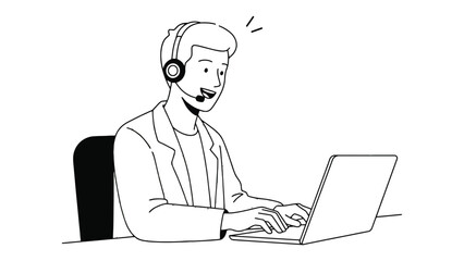 A cartoon man wearing a headset and working on a laptop