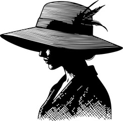 Vintage style engraving of an elegant woman wearing a wide-brimmed sun hat with feathers, classic profile portrait illustration © Muhammad