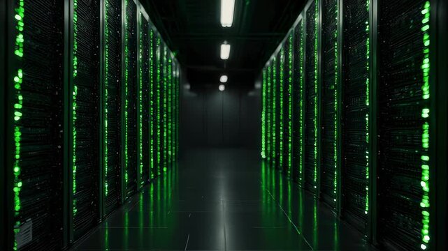 A dark hallway in a server room with servers glowing green and a mirrored floor