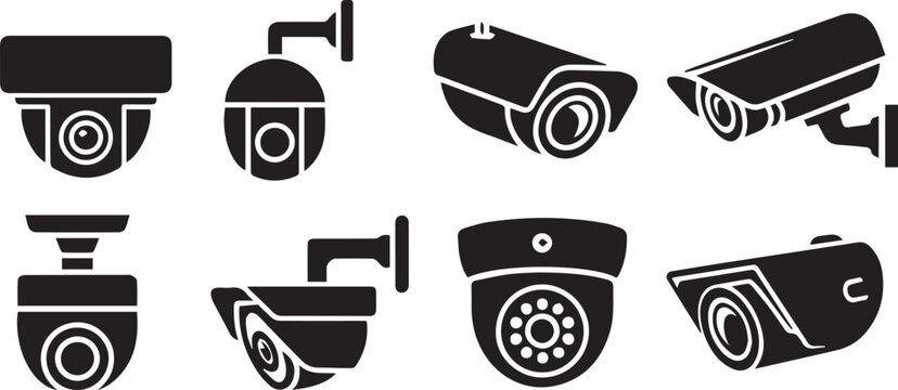 security camera icons featuring surveillance equipment and cctv systems for video monitoring and digital protection purposes