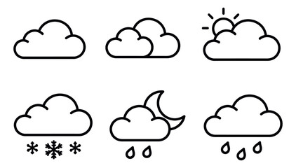 Fototapeta premium Outline line art weather icon set featuring clouds, sun, moon, rain, and snow for digital design
