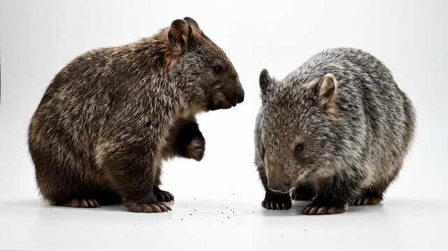 Two Wombats Interacting on White Studio Background, Close Up View