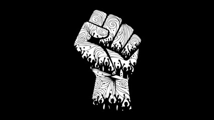 Unity and Power Raised Fist Silhouette Filled with a Diverse Crowd of People and Swirl Patterns for Social Justice and Protest Concepts © Muhammad