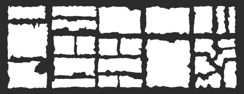 Torn paper pieces frame set. Torn paper with jagged edges. Ripped rectangular shape silhouette collection. Textured grunge elements collage, text box, poster, banner